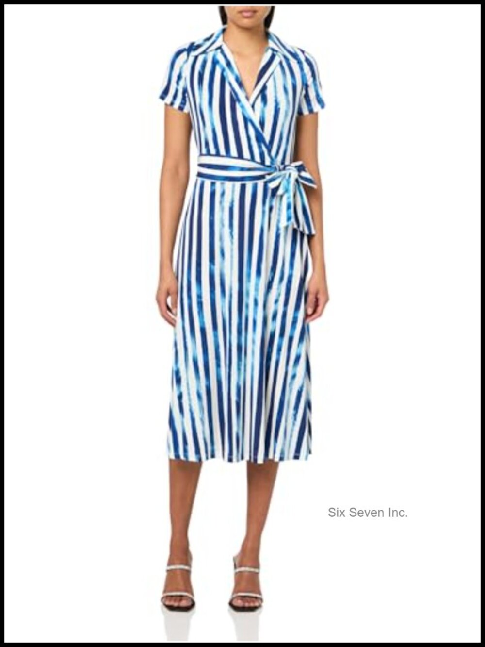 Women's Short Sleeve Collared V-Neck Midi Dress Faux Wrap
